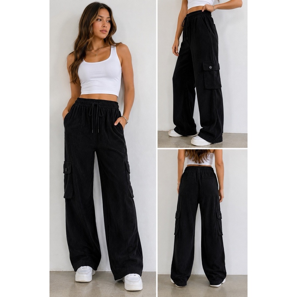 Love Poem By Rock Women's Large Black Curduroy Cargo Pants Wide Leg Y2K Utility